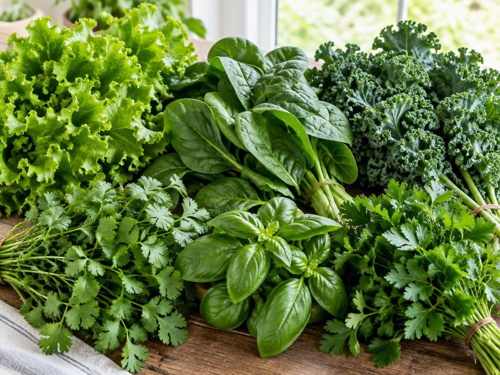 Bunches of lettuce, spinach, kale and herbs