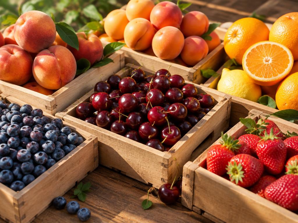 Crates of stone fruit, cherries, berries and citrus