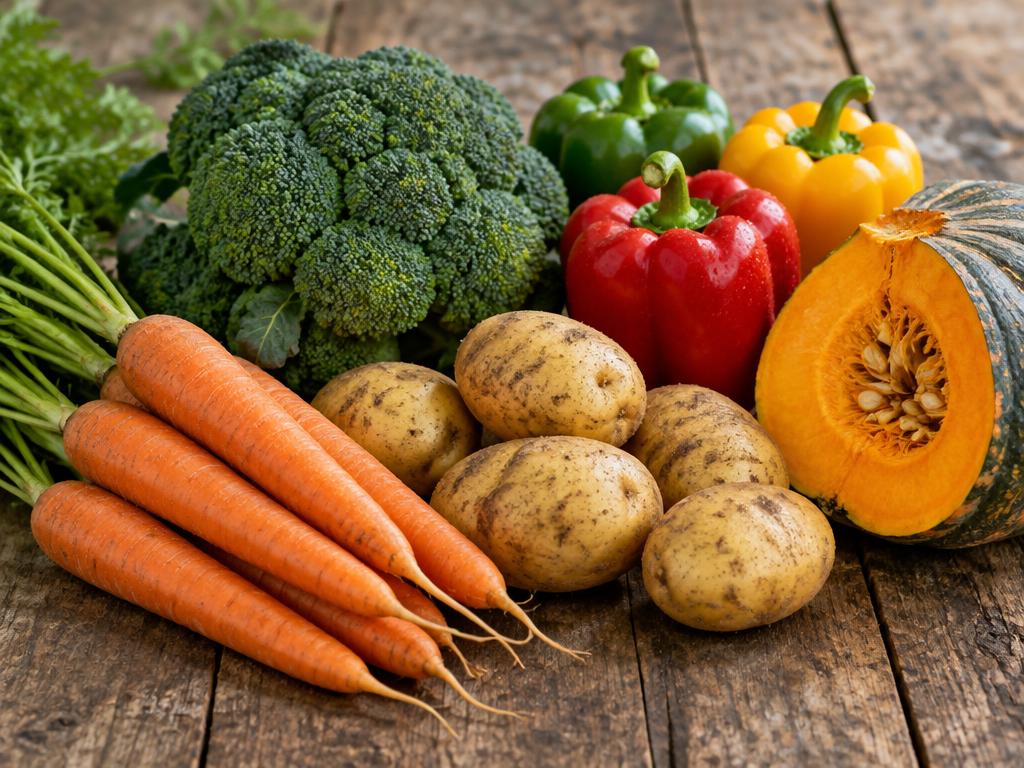 Carrots, broccoli, potatoes, capsicum and pumpkin